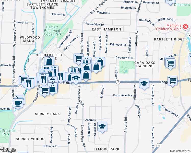 map of restaurants, bars, coffee shops, grocery stores, and more near 6250 Stage Rd in Bartlett