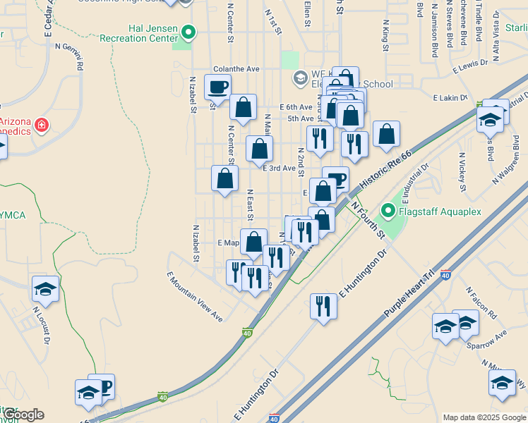 map of restaurants, bars, coffee shops, grocery stores, and more near 1729 North Main Street in Flagstaff