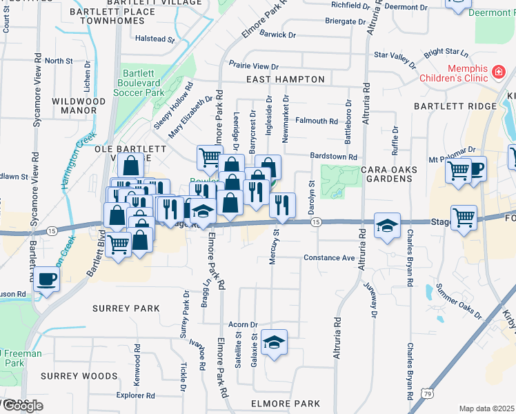 map of restaurants, bars, coffee shops, grocery stores, and more near 6250 Stage Rd in Bartlett