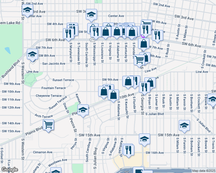map of restaurants, bars, coffee shops, grocery stores, and more near 910 South Virginia Street in Amarillo