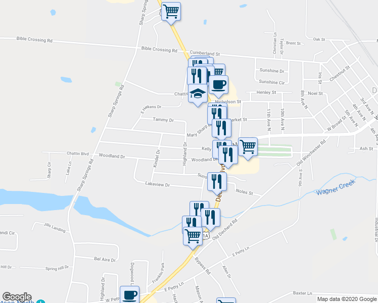 map of restaurants, bars, coffee shops, grocery stores, and more near 109 Kelly Drive in Decherd