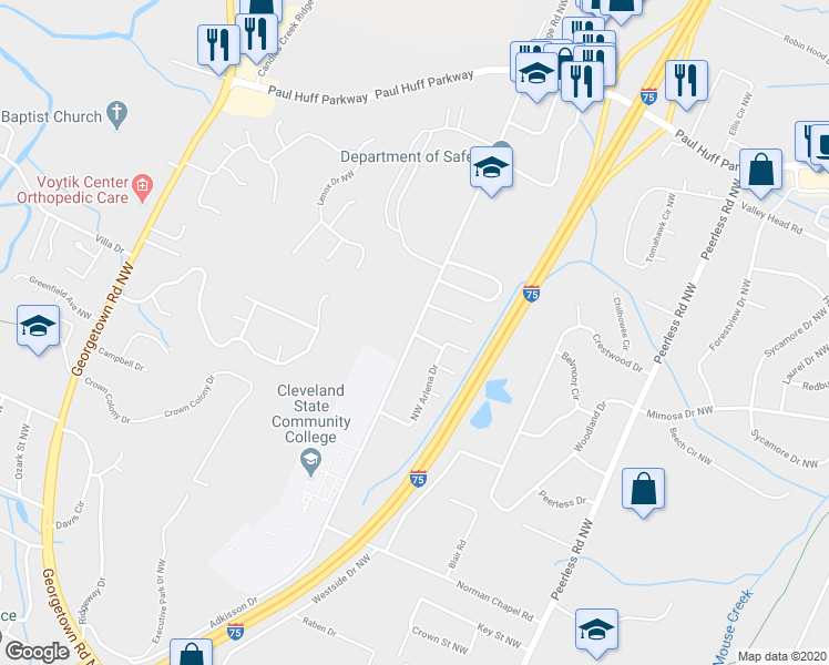 map of restaurants, bars, coffee shops, grocery stores, and more near 3585 Adkisson Drive Northwest in Cleveland