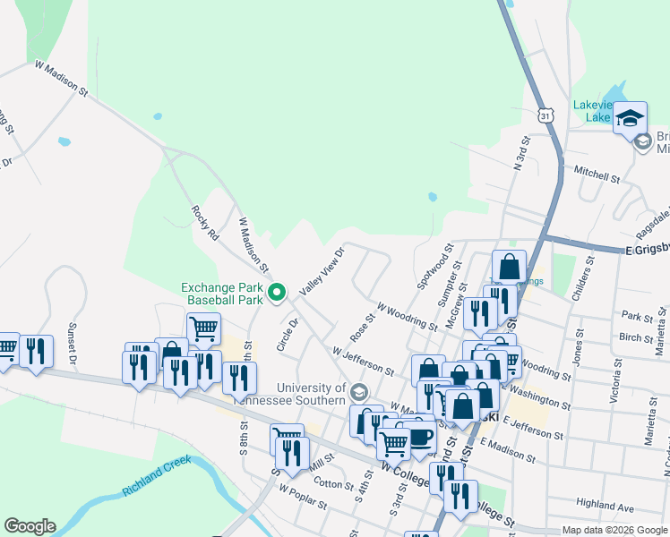 map of restaurants, bars, coffee shops, grocery stores, and more near 341 Valley View Drive in Pulaski