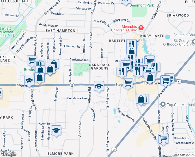 map of restaurants, bars, coffee shops, grocery stores, and more near 6480 Stage Road in Bartlett