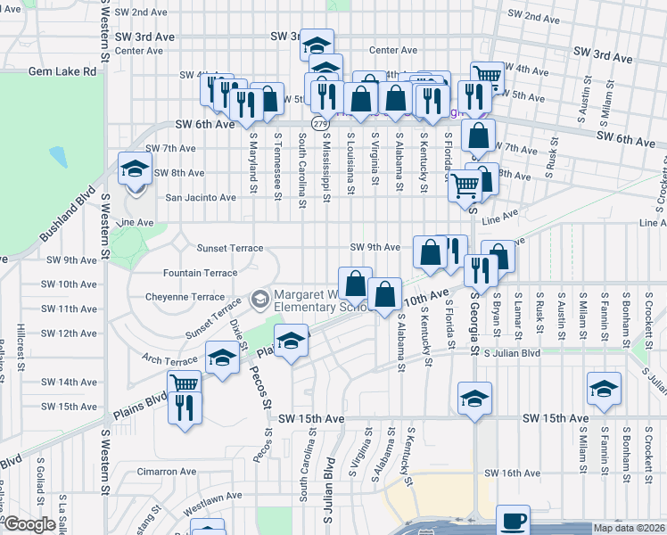 map of restaurants, bars, coffee shops, grocery stores, and more near 3200 Southwest 10th Avenue in Amarillo