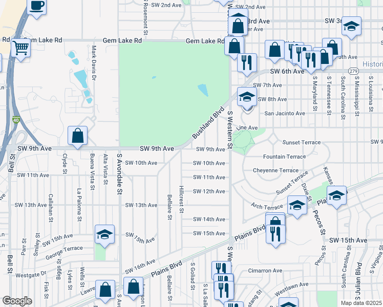 map of restaurants, bars, coffee shops, grocery stores, and more near 4244 Southwest 10th Avenue in Amarillo