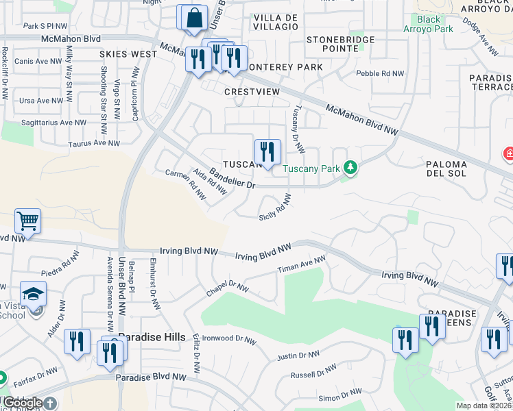 map of restaurants, bars, coffee shops, grocery stores, and more near 5605 Sicily Road Northwest in Albuquerque