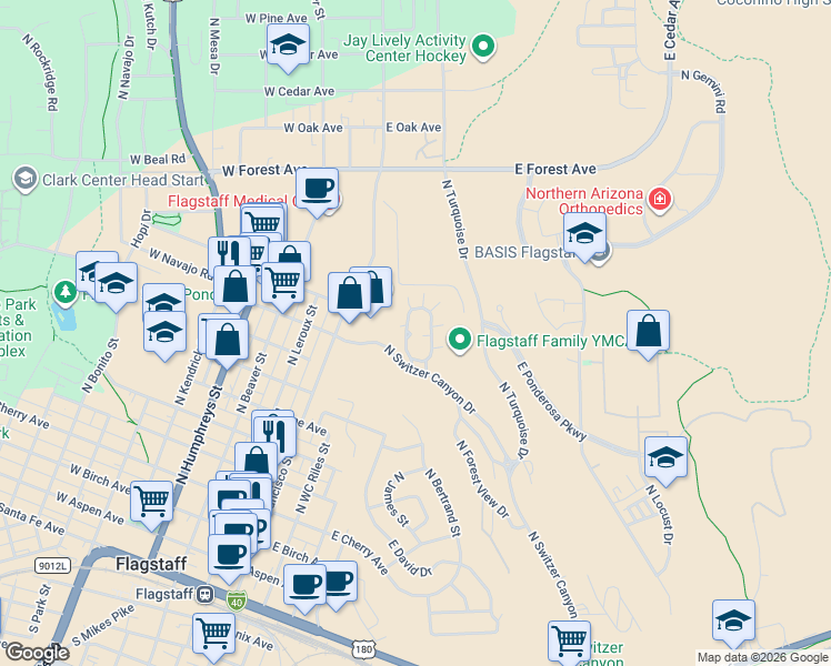 map of restaurants, bars, coffee shops, grocery stores, and more near 900 North Switzer Canyon Drive in Flagstaff