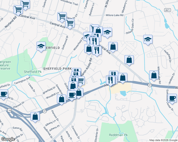map of restaurants, bars, coffee shops, grocery stores, and more near 3308 North Sharon Amity Road in Charlotte