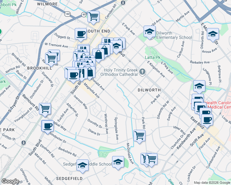 map of restaurants, bars, coffee shops, grocery stores, and more near 509 McDonald Avenue in Charlotte