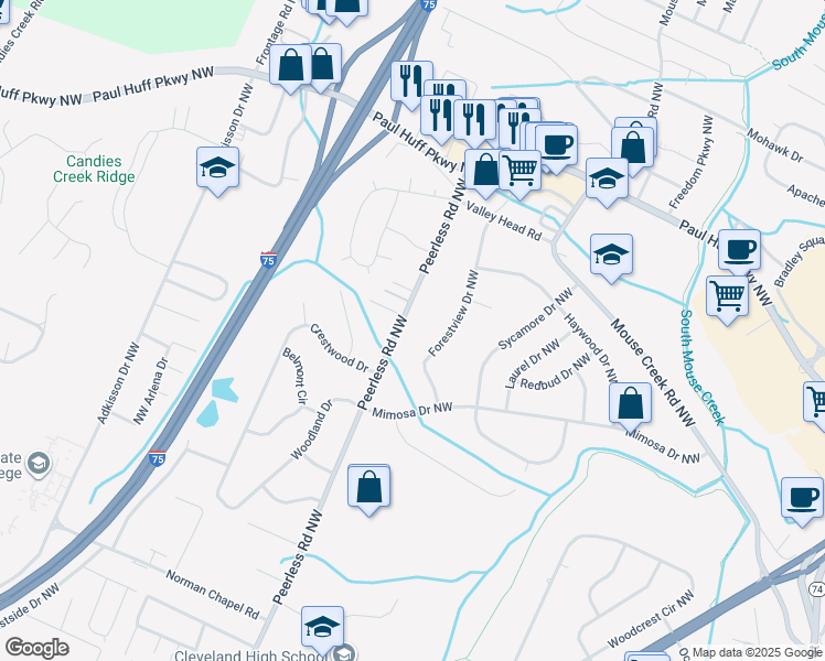 map of restaurants, bars, coffee shops, grocery stores, and more near 3930 Peerless Road Northwest in Cleveland