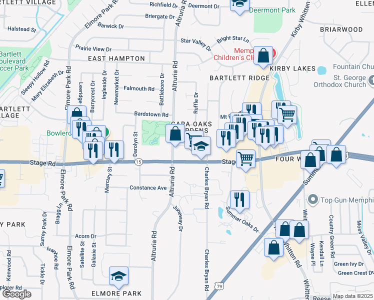 map of restaurants, bars, coffee shops, grocery stores, and more near 6480 Stage Road in Bartlett
