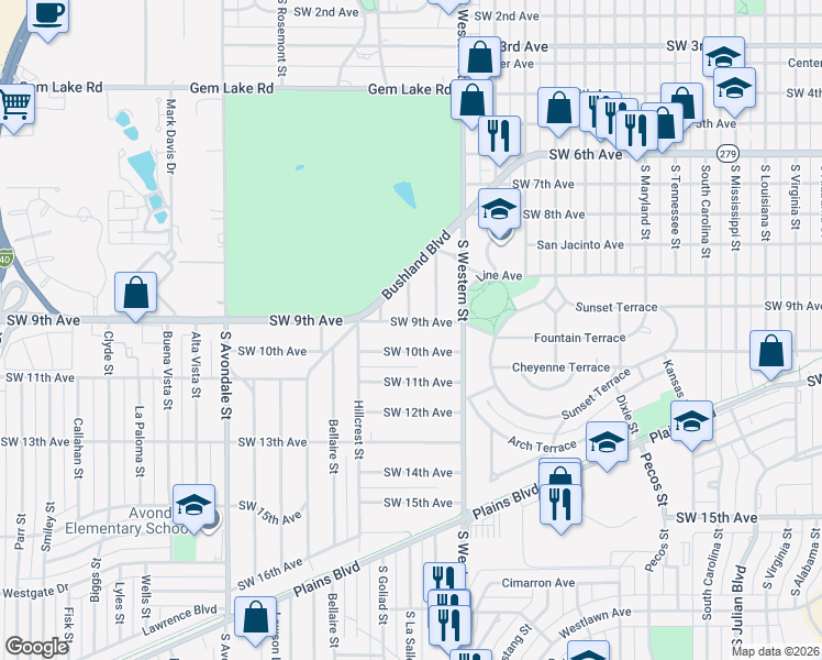 map of restaurants, bars, coffee shops, grocery stores, and more near 4228 Southwest 10th Avenue in Amarillo