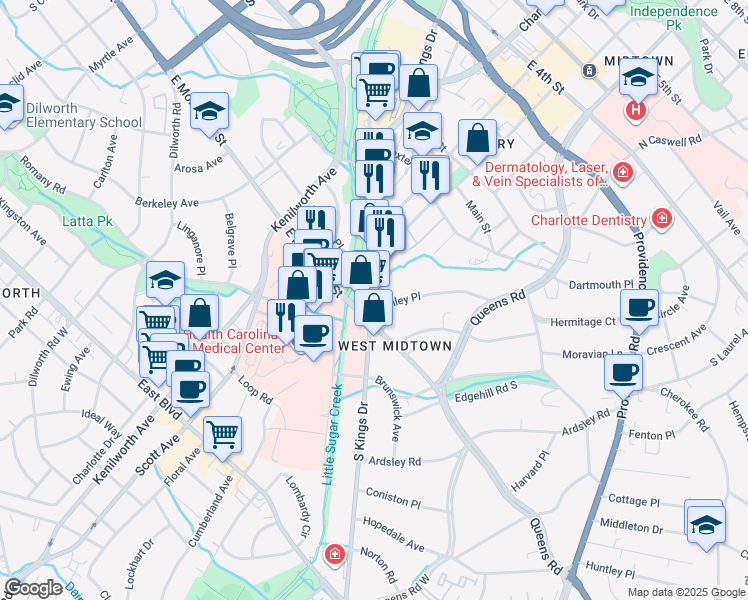 map of restaurants, bars, coffee shops, grocery stores, and more near 925 South Kings Drive in Charlotte