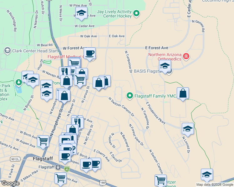 map of restaurants, bars, coffee shops, grocery stores, and more near 900 North Switzer Canyon Drive in Flagstaff