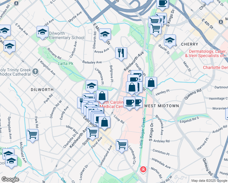map of restaurants, bars, coffee shops, grocery stores, and more near in Charlotte