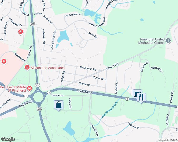 map of restaurants, bars, coffee shops, grocery stores, and more near 143 McNair Road in Pinehurst