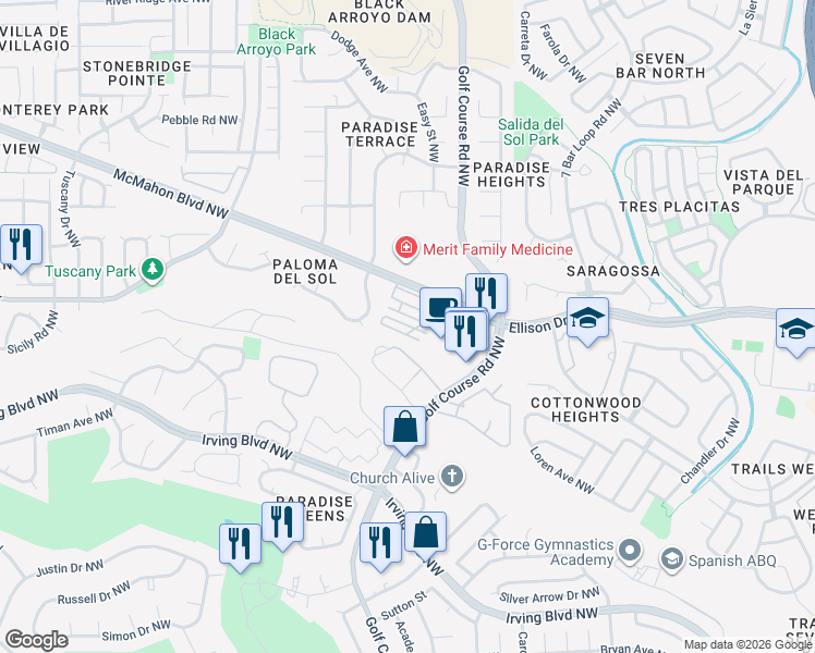 map of restaurants, bars, coffee shops, grocery stores, and more near 4816 McMahon Boulevard Northwest in Albuquerque