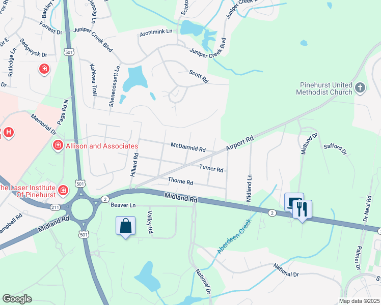map of restaurants, bars, coffee shops, grocery stores, and more near 143 McNair Road in Pinehurst