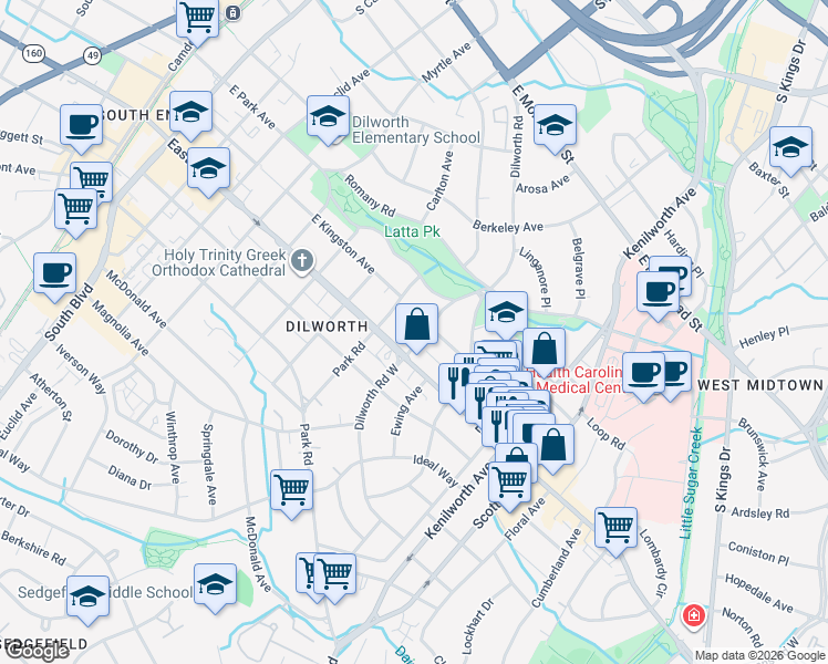 map of restaurants, bars, coffee shops, grocery stores, and more near 1001 East Boulevard in Charlotte