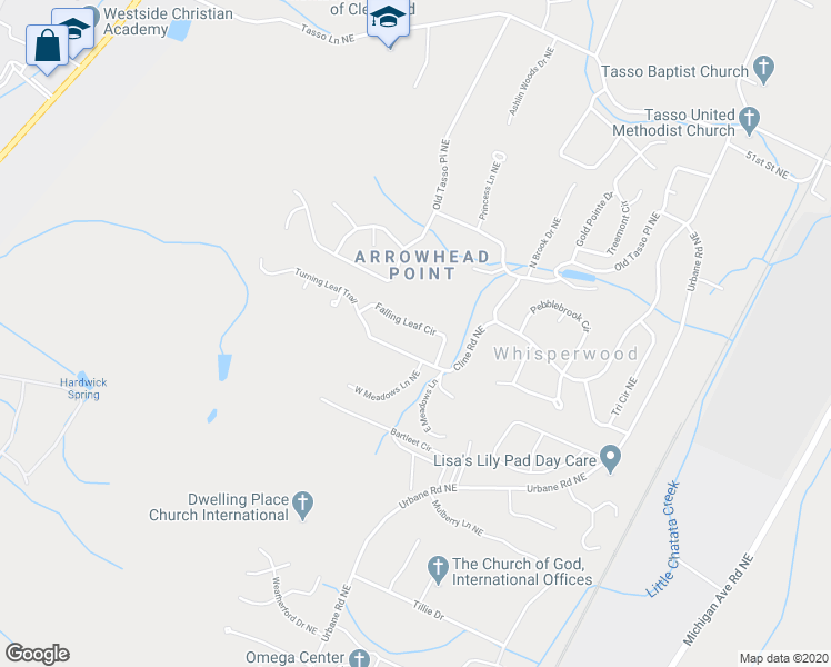 map of restaurants, bars, coffee shops, grocery stores, and more near 153 Falling Leaf Circle in Cleveland