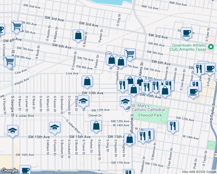 map of restaurants, bars, coffee shops, grocery stores, and more near 1204 Southwest 10th Avenue in Amarillo