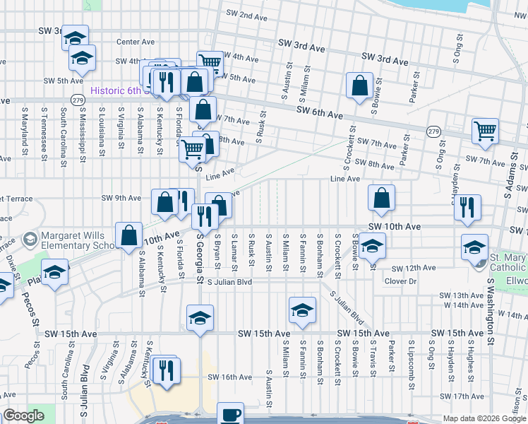map of restaurants, bars, coffee shops, grocery stores, and more near 929 South Austin Street in Amarillo