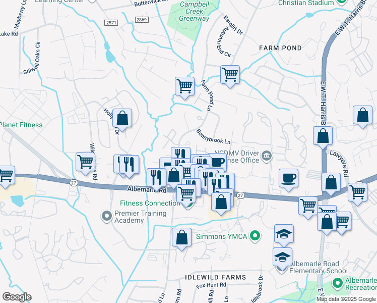 map of restaurants, bars, coffee shops, grocery stores, and more near 6305 Four Seasons Lane in Charlotte
