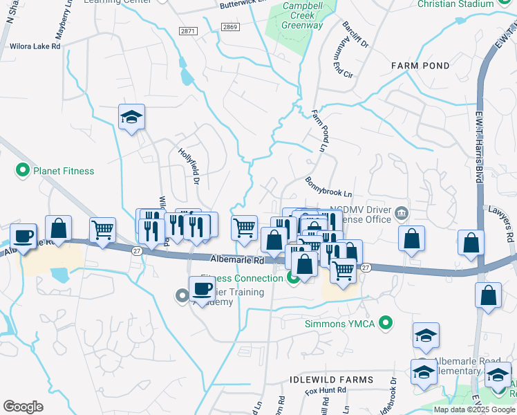 map of restaurants, bars, coffee shops, grocery stores, and more near 6205 Four Seasons Lane in Charlotte
