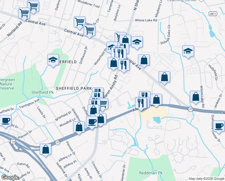 map of restaurants, bars, coffee shops, grocery stores, and more near 3308 North Sharon Amity Road in Charlotte