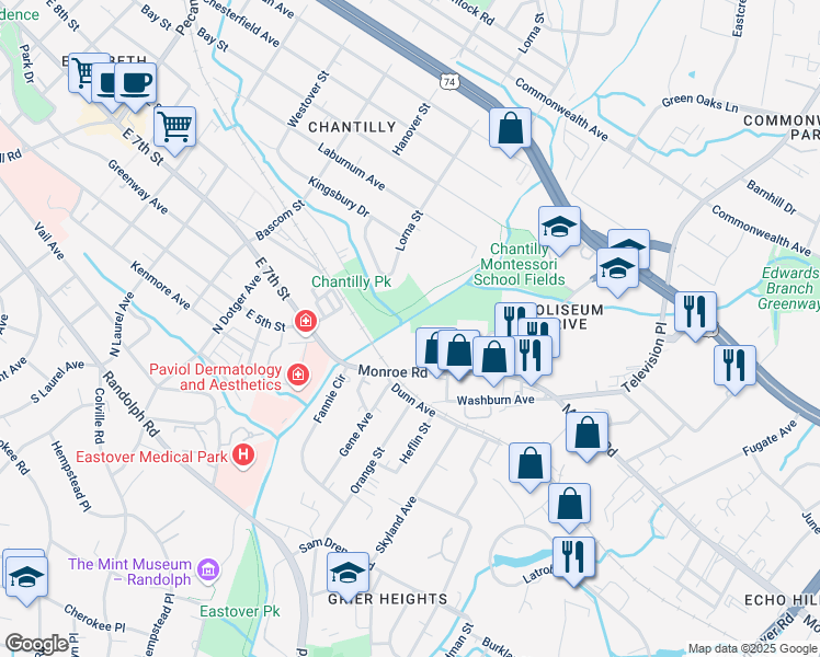 map of restaurants, bars, coffee shops, grocery stores, and more near 532 Bramlet Road in Charlotte