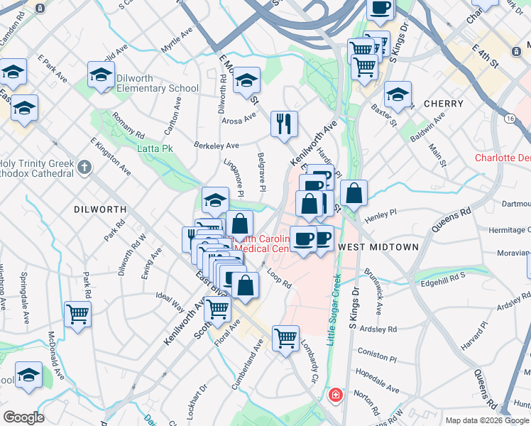 map of restaurants, bars, coffee shops, grocery stores, and more near in Charlotte