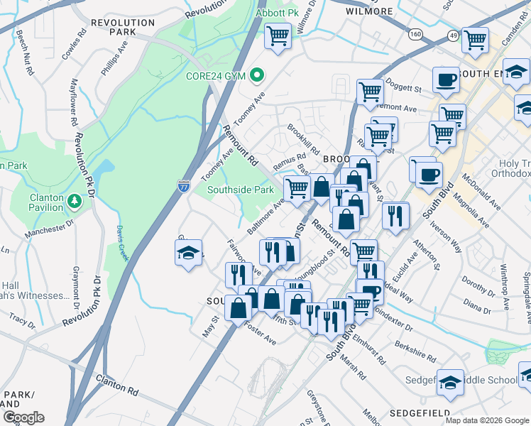 map of restaurants, bars, coffee shops, grocery stores, and more near 454 Benjamin Street in Charlotte