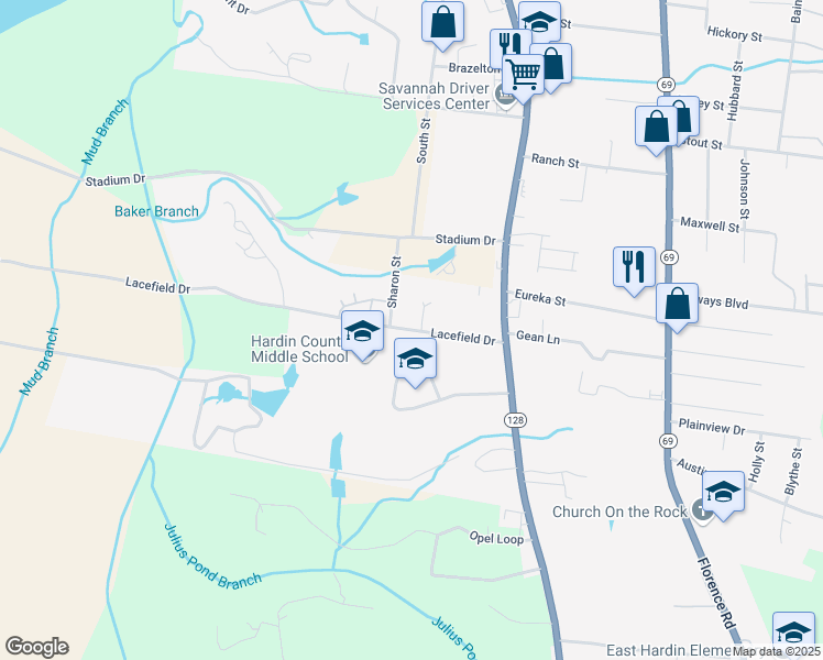 map of restaurants, bars, coffee shops, grocery stores, and more near 169 Lacefield Drive in Savannah