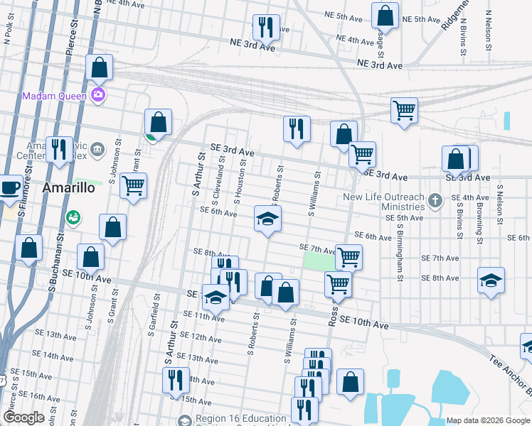 map of restaurants, bars, coffee shops, grocery stores, and more near 1344 Southeast 6th Avenue in Amarillo