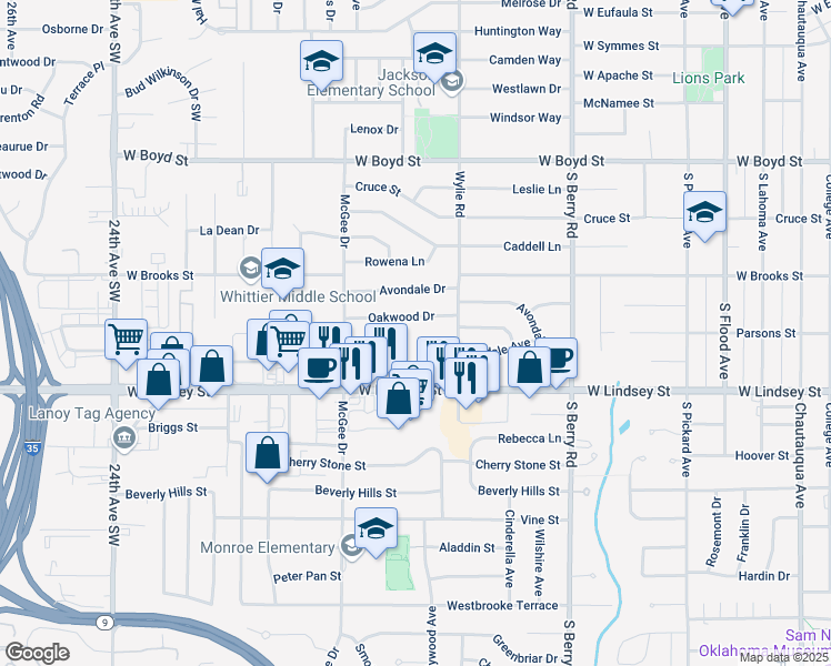 map of restaurants, bars, coffee shops, grocery stores, and more near 1523 Lindale Circle in Norman