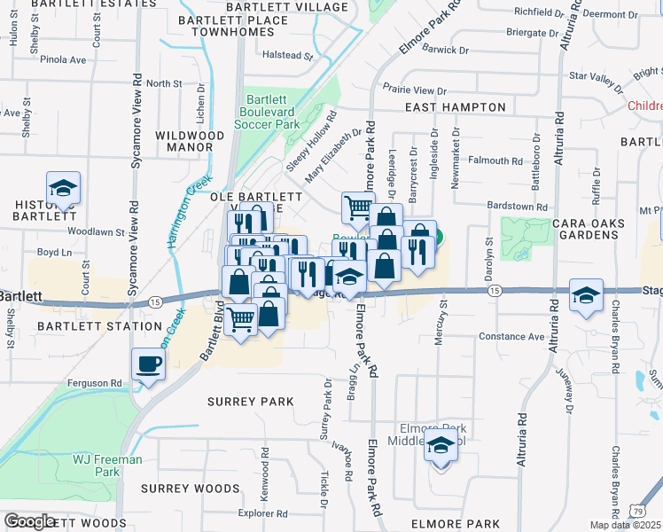 map of restaurants, bars, coffee shops, grocery stores, and more near 2969 Bartlett Crest Drive in Bartlett