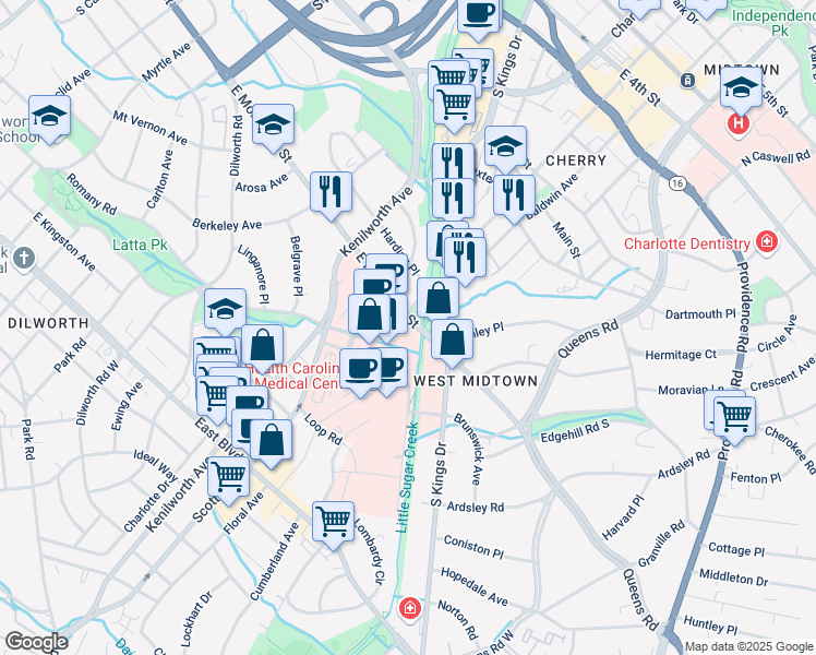 map of restaurants, bars, coffee shops, grocery stores, and more near 1400 East Morehead Street in Charlotte