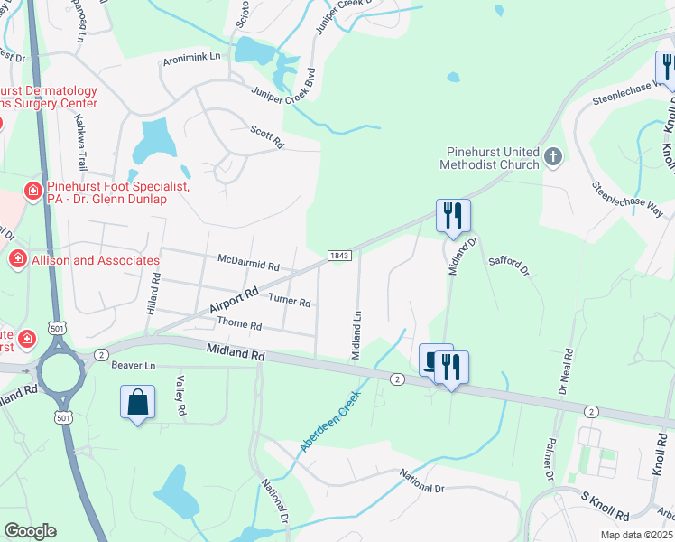 map of restaurants, bars, coffee shops, grocery stores, and more near 4433 Airport Road in Pinehurst