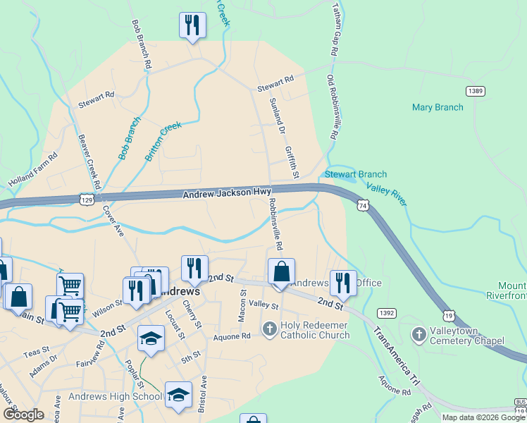 map of restaurants, bars, coffee shops, grocery stores, and more near 303 Robbinsville Road in Andrews