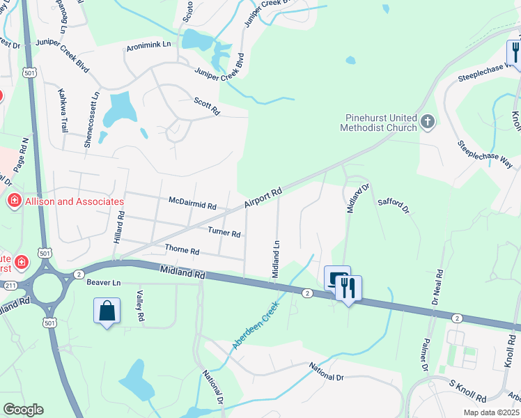 map of restaurants, bars, coffee shops, grocery stores, and more near 4433 Airport Road in Pinehurst