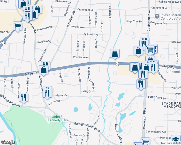 map of restaurants, bars, coffee shops, grocery stores, and more near 4725 Stage Road in Memphis