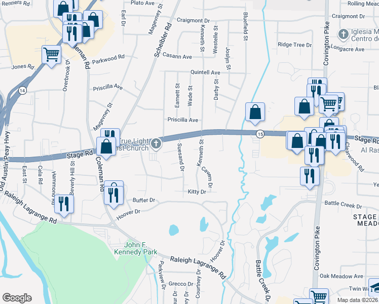 map of restaurants, bars, coffee shops, grocery stores, and more near 4725 Stage Road in Memphis