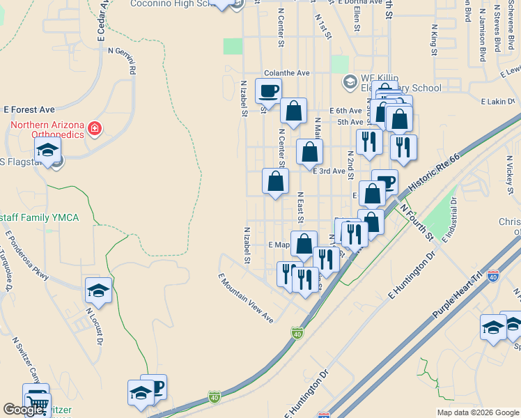 map of restaurants, bars, coffee shops, grocery stores, and more near 1896 North West Street in Flagstaff