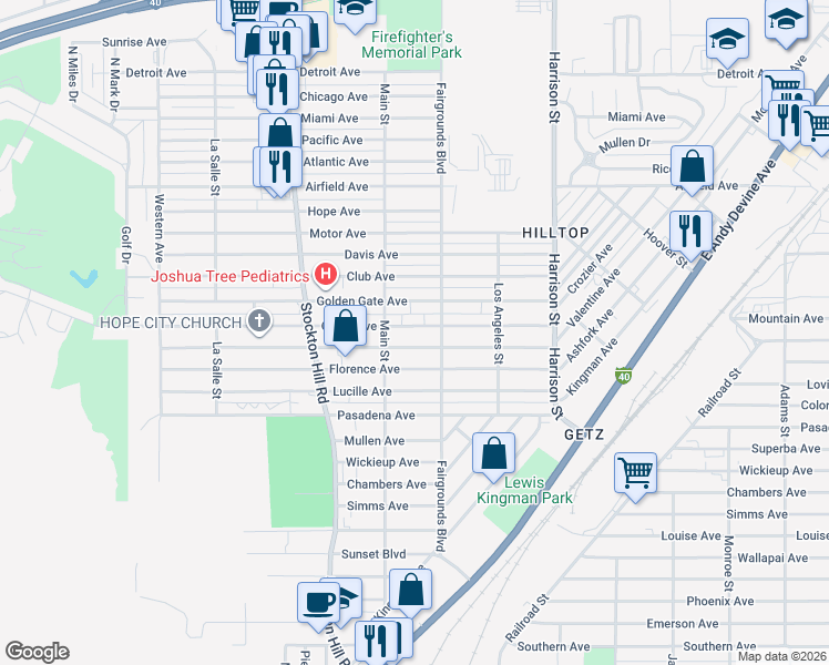 map of restaurants, bars, coffee shops, grocery stores, and more near 2028 Golden Gate Avenue in Kingman