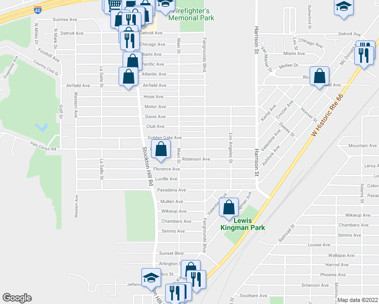 map of restaurants, bars, coffee shops, grocery stores, and more near 2024 Gates Avenue in Kingman