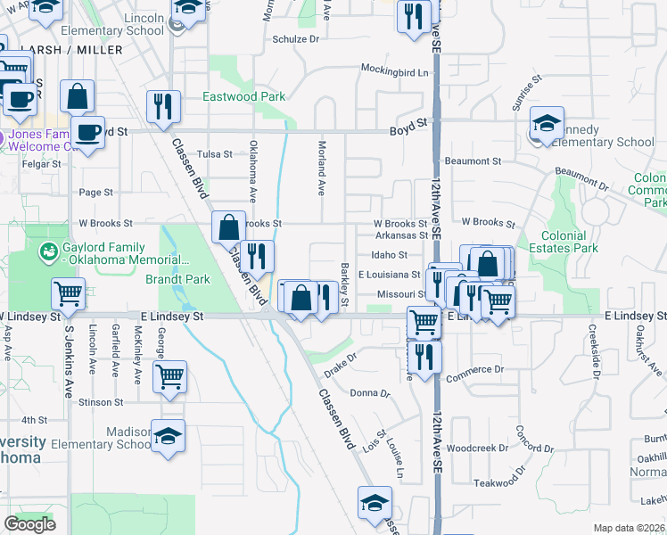 map of restaurants, bars, coffee shops, grocery stores, and more near 1808 Virginia Street in Norman