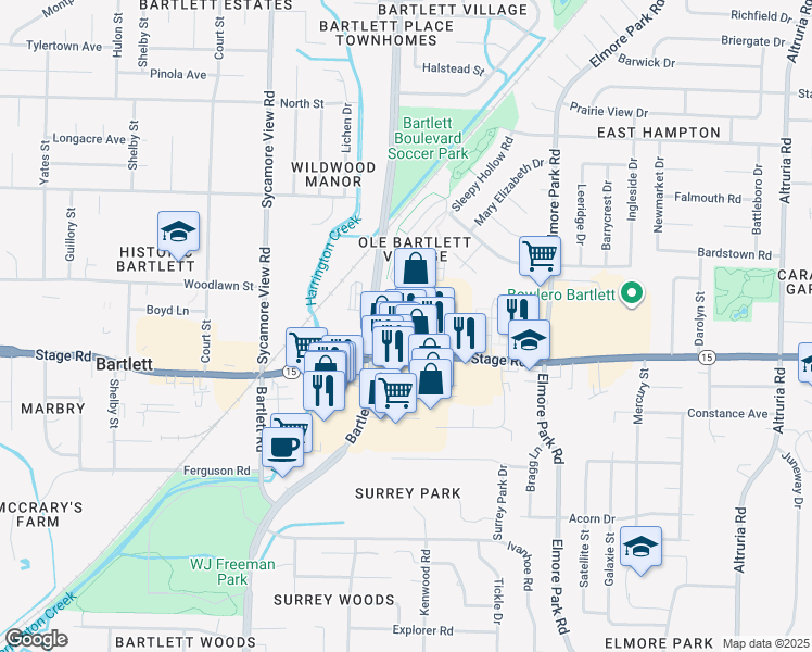 map of restaurants, bars, coffee shops, grocery stores, and more near 6000 Bartlett Center Drive in Bartlett