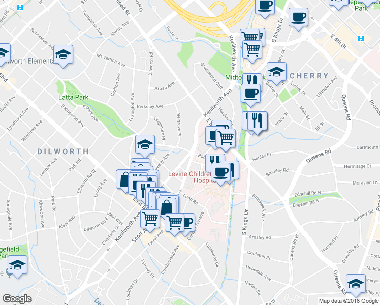 map of restaurants, bars, coffee shops, grocery stores, and more near 1306 Kenilworth Avenue in Charlotte