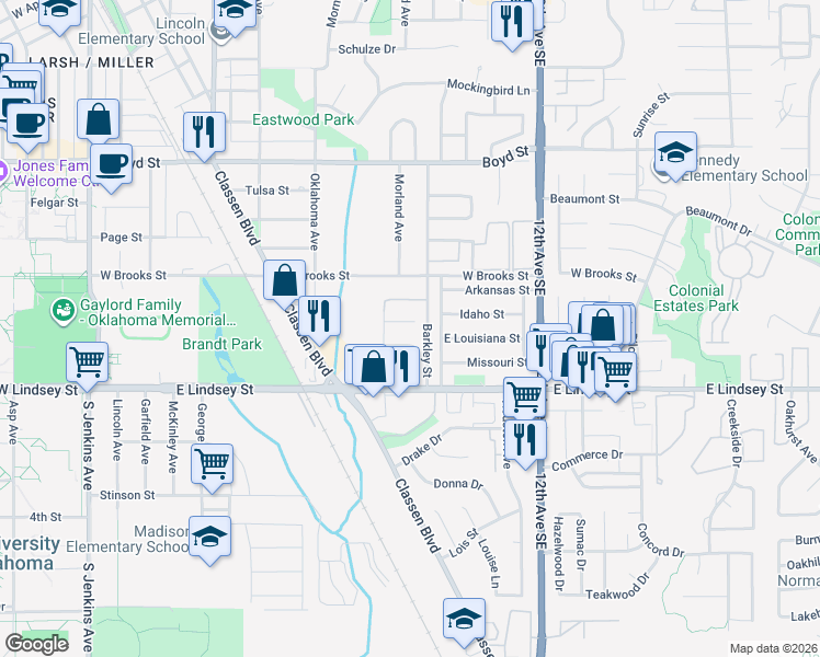 map of restaurants, bars, coffee shops, grocery stores, and more near 1808 Virginia Street in Norman